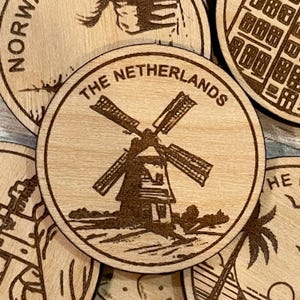 Die Niederlande Travel Token oder Magnet | Wood Zustand, Stadt, Wahrzeichen, Nationalparks oder Land Sammler Token | Travel Tracking Token