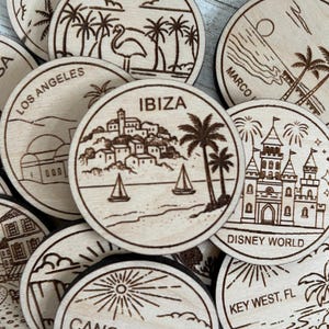 Ibiza Spanien Reise-Token oder Magnet | Wood Zustand, Stadt, Wahrzeichen, Nationalparks oder Land Sammler Token | Travel Tracking Token
