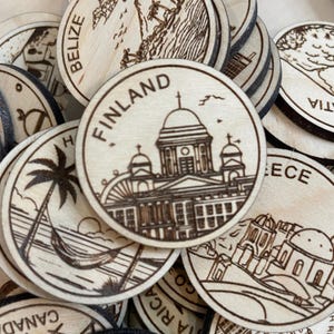 Finland Travel Token or Magnet | Wood State, City, Landmark, National Parks, or Country Collector Tokens | Travel Tracking Token