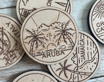 Aruba Travel Token or Magnet | Wood State, City, Landmark, National Parks, or Country Collector Tokens | Travel Tracking Token