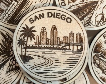 San Diego Travel Token or Magnet or Ornament: Engraved Wood Destination World Traveler Collector Souvenir