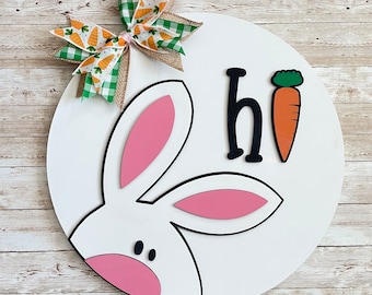 Happy Easter 16 inch Round Door Hanger | Easter Bunny Decor | Spring Easter Sign | Pastel Decor | Easter Bunny Carrot Decoration