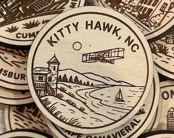 Kitty Hawk, NC Travel Token or Magnet or Ornament: Engraved Wood Destination World Traveler Collector Souvenir