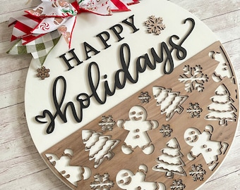 Gingerbread Men Happy Holidays Sign 12” to 16" Round Wood Sign | Winter Door Idea | Front door welcome sign | Christmas Door Sign