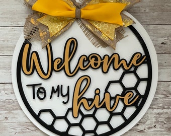 Welcome to our hive Door Hanger | Spring Decor | Spring Door Sign | Bee Decor | Cute Spring Door Decoration