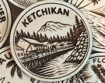 Ketchikan Travel Token or Magnet or Ornament: Engraved Wood Destination World Traveler Collector Souvenir