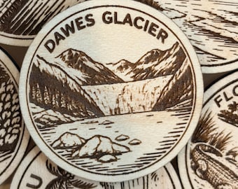 Dawes Glacier Travel Token or Magnet or Ornament: Engraved Wood Destination World Traveler Collector Souvenir