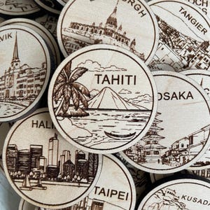 Jeton ou aimant de voyage à Tahiti | Jetons d'état, de ville, de point de repère, de parcs nationaux ou de pays du bois | Jeton de suivi de voyage