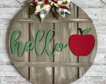 Apple Door Sign: Round Wood Hello Sign, Fall Decor