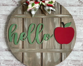 Hello Apple or Pumpkin Sign 12” / 16” / 18” Round Wood Sign | Fall Door Idea | Front door hello sign | Apple Door Sign