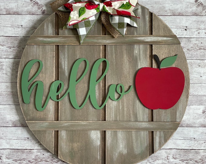 Hello Apple or Pumpkin Sign 12” / 16” / 18” Round Wood Sign | Fall Door Idea | Front door hello sign | Apple Door Sign