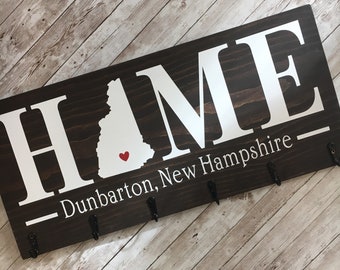 Custom State HOME Sign with Coat Hooks: Personalized Town Name