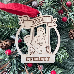 Personalized Gymnastics Ornament: Engraved Wood Gymnast on Rings, 2025