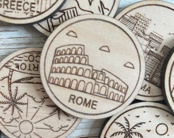 ROME Travel Token or Magnet | Wood State, City, Landmark, National Parks, or Country Collector Tokens | Travel Tracking Token