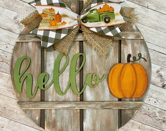Hello Apple or Pumpkin Sign 12” / 16” / 18” Round Wood Sign | Fall Door Idea | Front door hello sign | Apple Door Sign