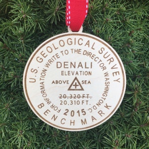 Denali Bench Mark Wood Ornament: Alaska Hiking Souvenir