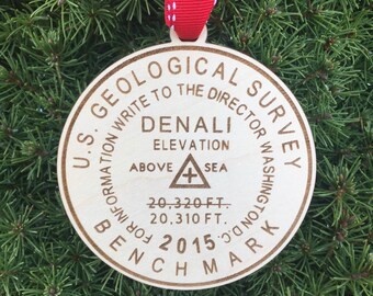 Denali Bench Mark Ornament | Hiker Ornament | Christmas 2022 | Alaska | Hiker Gift | Denali Mountain Marker | Alaska Hiking Souvenir