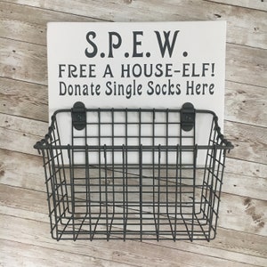 Donate Single Socks Here! Sock Basket | Free a House Elf Wood sign with attached basket | Laundry Room Decor | Laundry Organization