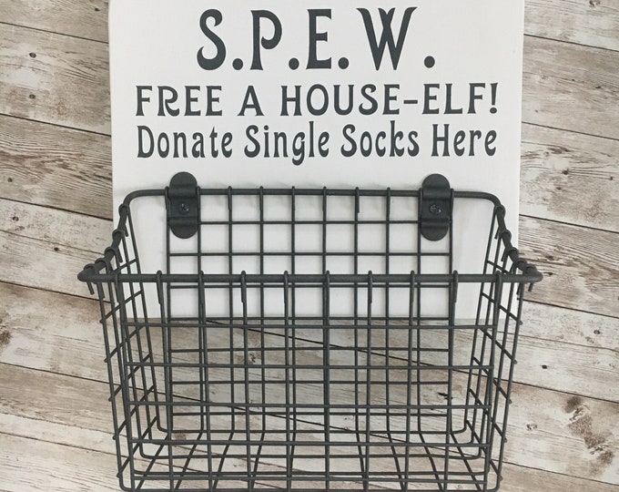 Donate Single Socks Here! Sock Basket | Free a House Elf Wood sign with attached basket | Laundry Room Decor | Laundry Organization
