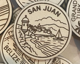 San Juan Travel Token or Magnet or Ornament: Engraved Wood Destination World Traveler Collector Souvenir
