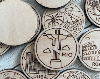 RÍO Travel Token or Magnet | Wood State, City, Landmark, National Parks, or Country Collector Tokens | Travel Tracking Token