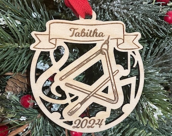 Personalized Triangle Instrument Ornament: Engraved Wood, 2026 Christmas