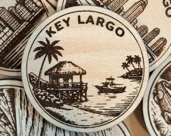 Key Largo Travel Token or Magnet or Ornament: Engraved Wood Destination World Traveler Collector Souvenir