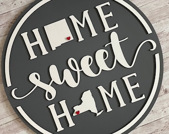 New Mexico to New York Home Sweet Home Round Wood Sign | Two State Home Sign | New Home Sign | Housewarming | Farewell Gift