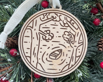 Camping Lake Birch Wood Ornament: Family Vacation Memory