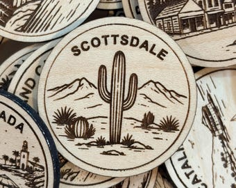 Scottsdale Travel Token or Magnet or Ornament: Engraved Wood Destination World Traveler Collector Souvenir