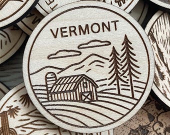 Vermont Travel Token or Magnet or Ornament: Engraved Wood Destination World Traveler Collector Souvenir