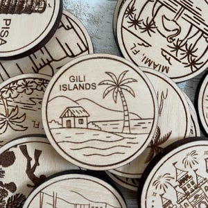 Jeton ou aimant de voyage des îles Gili en Indonésie | Jetons de collection pour l'état, la ville, le monument ou le pays du bois | Jeton de suivi de voyage