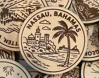 Nassau Bahamas Travel Token or Magnet or Ornament: Engraved Wood Destination World Traveler Collector Souvenir