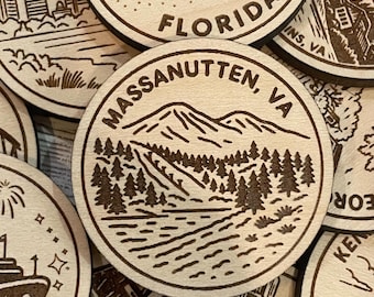 Massanutten, VA Travel Token or Magnet or Ornament: Engraved Wood Destination World Traveler Collector Souvenir