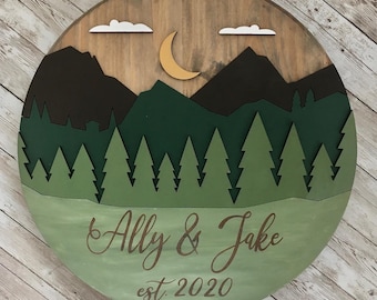 16” Round Mountain 3D Wood Sign | Custom Mountain Theme Wood Circle Sign | Country Home Decor | Outdoor Wedding | Mountain Lodge Decor