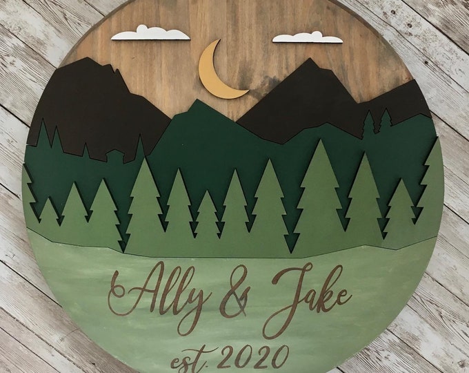 16” Round Mountain 3D Wood Sign | Custom Mountain Theme Wood Circle Sign | Country Home Decor | Outdoor Wedding | Mountain Lodge Decor