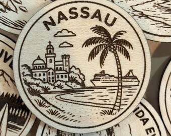 Nassau Travel Token or Magnet or Ornament: Engraved Wood Destination World Traveler Collector Souvenir