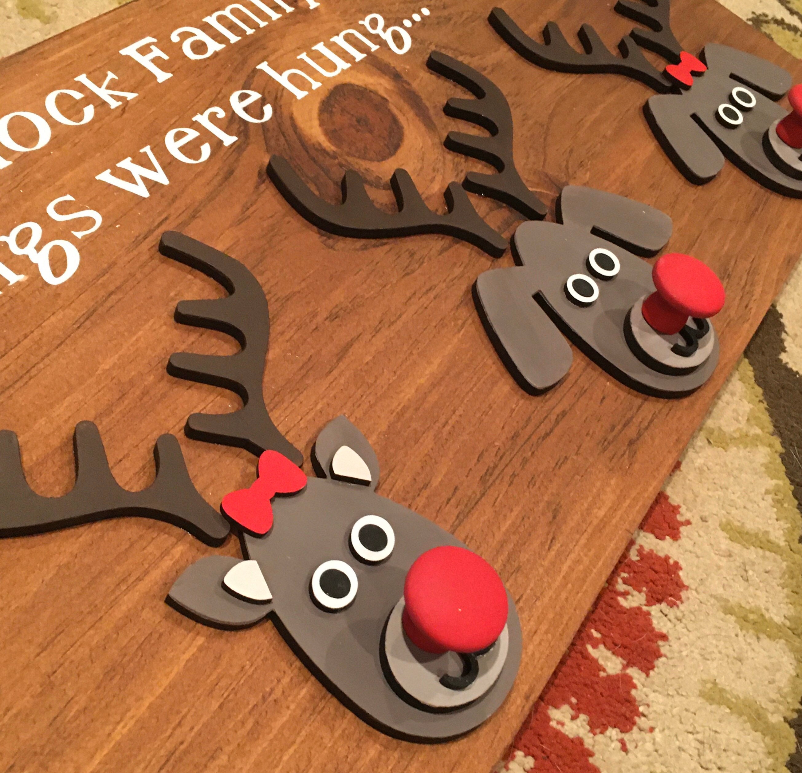Personalized Christmas Stocking Wall Hanging Holder with Reindeer Faces Family Stocking Holder