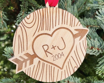 Tree Initials Ornament | Wedding Ornament | Cute Couples Christmas Ornament | 2025 Wedding Gift | Initials Carved into Tree Ornament