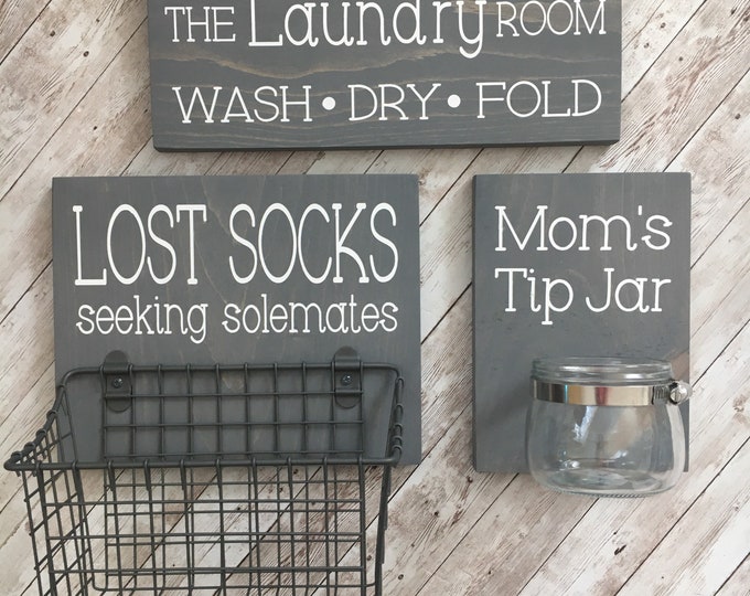 Laundry Room Sign Trio |  Lost Socks Basket AND Mom's Tip Jar AND The Laundry Room Sign | Laundry Room Decor | Color Pop Series