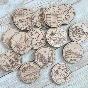 CUSTOM Travel Token oder Magnet | Wood Zustand, Stadt, Wahrzeichen, Nationalparks oder Land Sammler Token | Travel Tracking Token