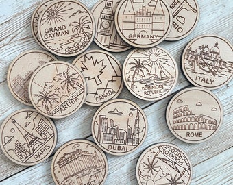 CUSTOM Travel Token or Magnet | Wood State, City, Landmark, National Parks, or Country Collector Tokens | Travel Tracking Token