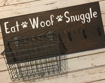 Eat Woof Snuggle Dog Leash Hook and Basket Sign Combo | Dog Organizer with attached basket and leash hooks | Pet Organizer