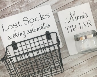 Laundry Room Sign Combo | Mom's Tip Jar AND Lost Socks - Seeking Solemates (or Soulmates) | wood sign with attached glass jar coin holder