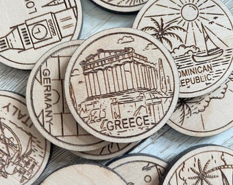 Greece Travel Token or Magnet | Wood State, City, Landmark, National Parks, or Country Collector Tokens | Travel Tracking Token