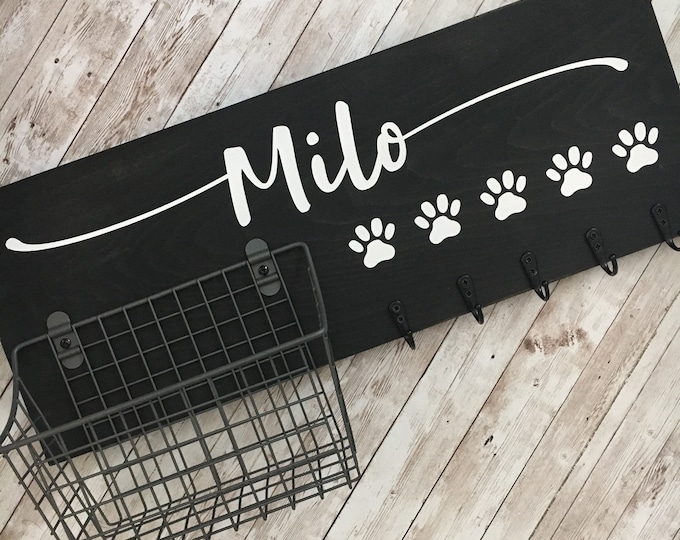 Dog Leash Hook and Basket Sign Combo | Custom Dog Name sign with attached basket and leash hooks | Pet Leash Organizer