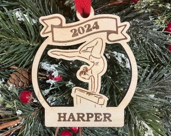 Personalized Gymnastics Christmas Ornament: Engraved Wood, Gymnast Gift