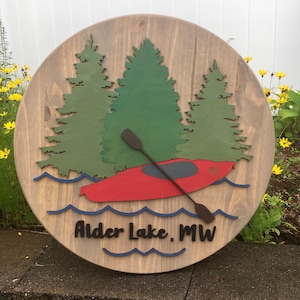12” / 16” / 18&quot; / 20” Round Lake House 3D Wood Sign | Canoe or Kayak Sign | Town or Last Name Wood Circle Sign | Lake House Decor