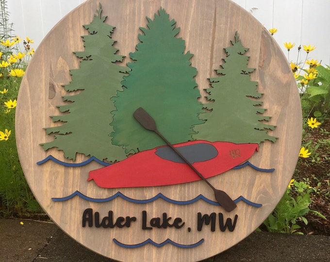 12” / 16” / 18" / 20” Round Lake House 3D Wood Sign | Canoe or Kayak Sign | Town or Last Name Wood Circle Sign | Lake House Decor