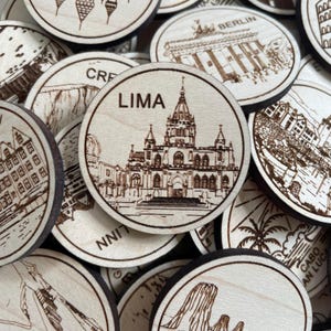 Lima Reisemagnet oder Token | Wood Zustand, Stadt, Wahrzeichen, Nationalparks oder Land Sammler Token | Travel Tracking Token